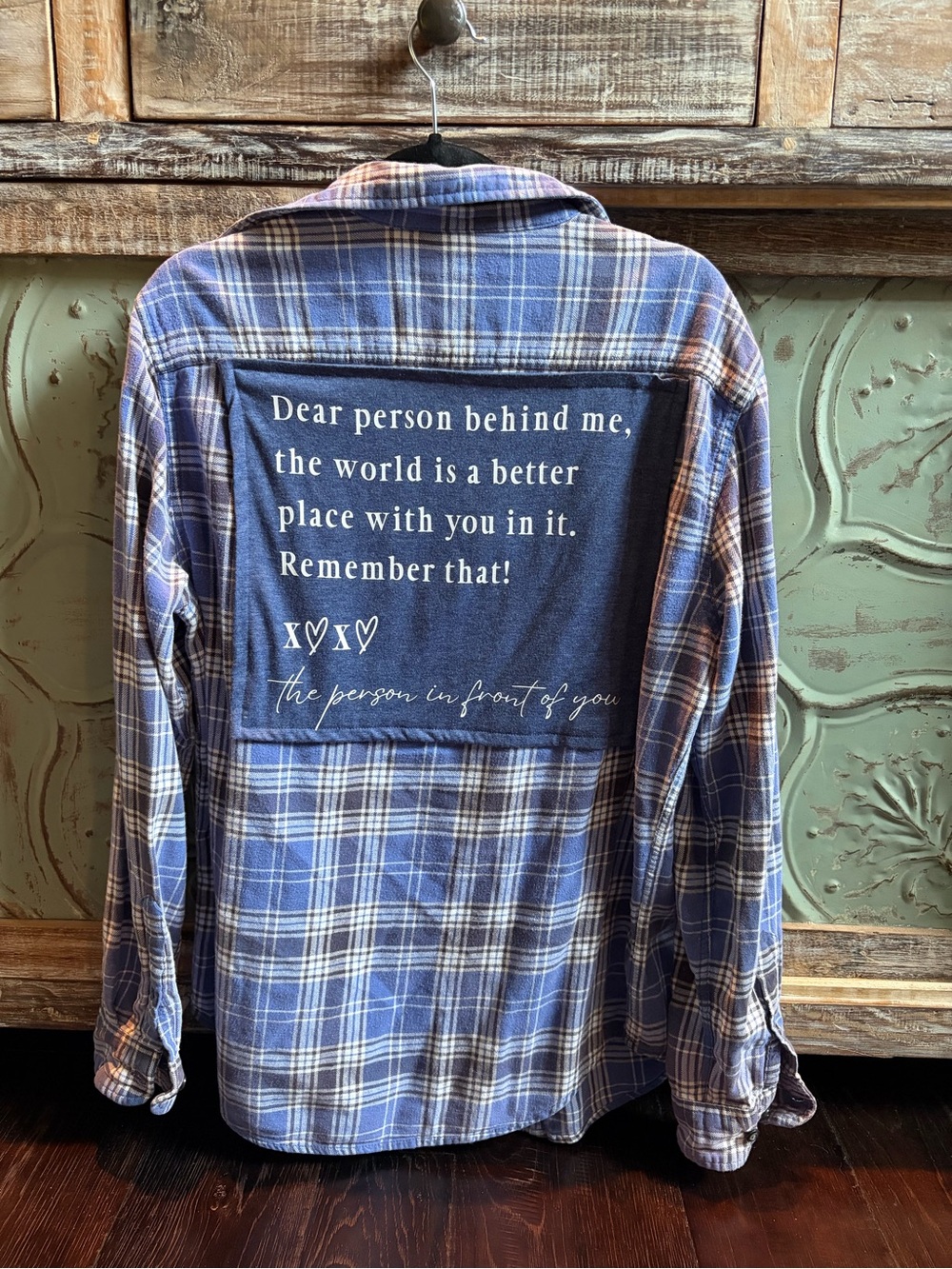 Upcycled Blue Plaid Flannel Shirt with Inspirational Back Patch